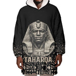 Taharqa Wearable Blanket Hoodie with Black Pharaoh Portrait, 25th Dynasty of Egypt Text and Nubian-Inspired - African Pride