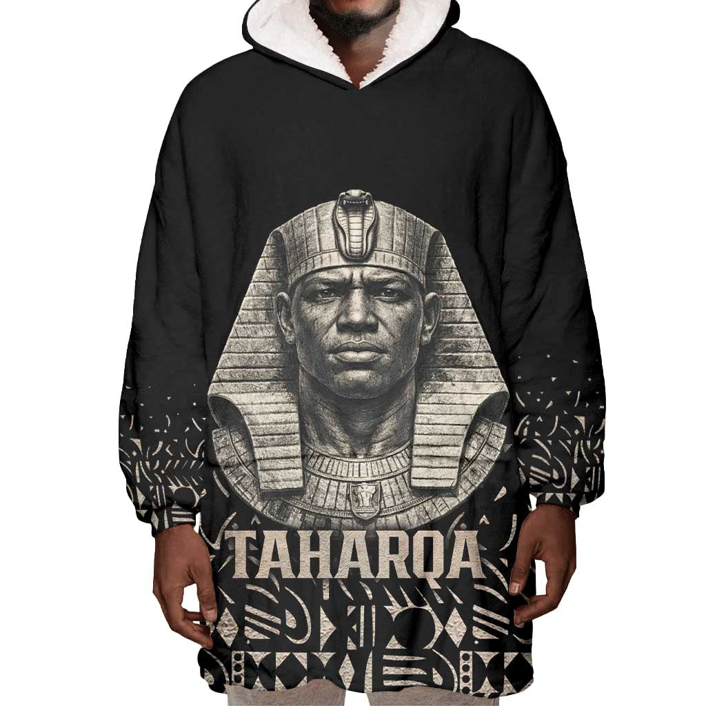 Taharqa Wearable Blanket Hoodie with Black Pharaoh Portrait, 25th Dynasty of Egypt Text and Nubian-Inspired - African Pride