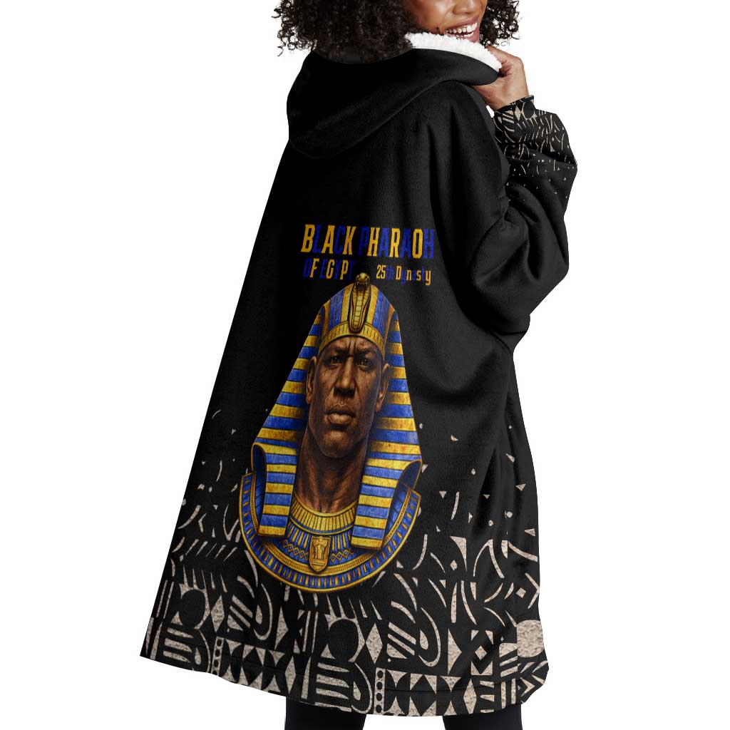Taharqa Wearable Blanket Hoodie with Black Pharaoh Portrait, 25th Dynasty of Egypt Text and Nubian-Inspired - African Pride