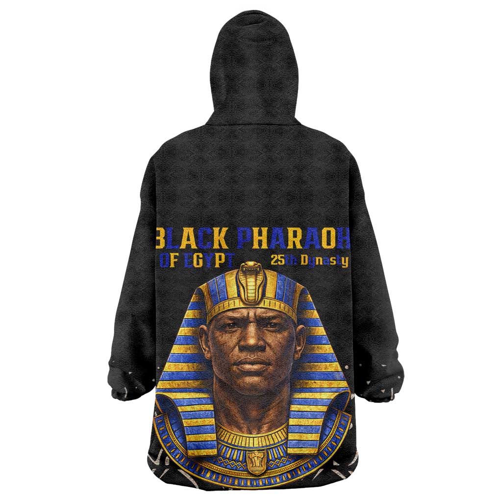 Taharqa Wearable Blanket Hoodie with Black Pharaoh Portrait, 25th Dynasty of Egypt Text and Nubian-Inspired - African Pride