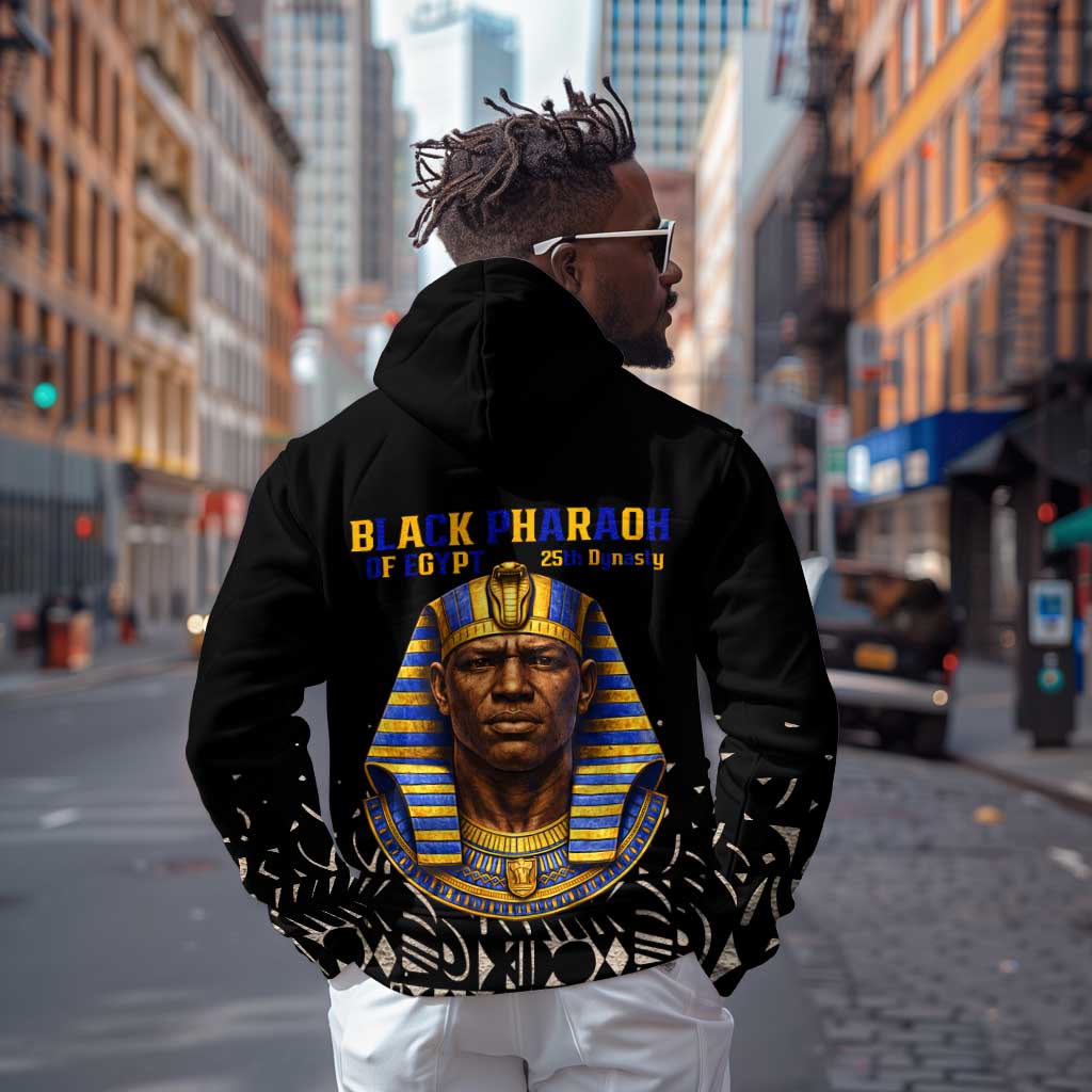 Taharqa Zip Hoodie with Black Pharaoh Portrait, 25th Dynasty of Egypt Text and Nubian-Inspired - African Pride
