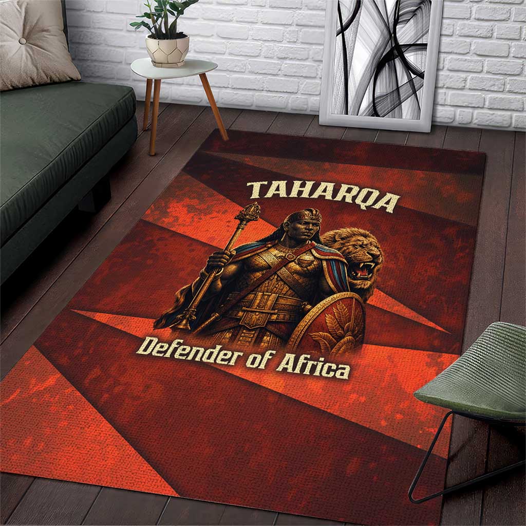 Taharqa Area Rug with Warrior Portrait, Lion of Kush Title and Bold Red Defender of Africa - African Pride
