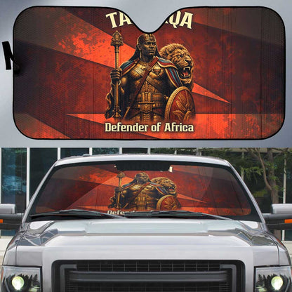 Taharqa Auto Sun Shade with Warrior Portrait, Lion of Kush Title and Bold Red Defender of Africa - African Pride