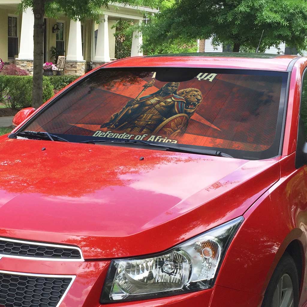 Taharqa Auto Sun Shade with Warrior Portrait, Lion of Kush Title and Bold Red Defender of Africa - African Pride