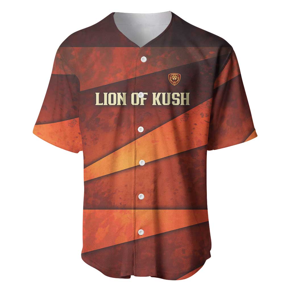Taharqa Baseball Jersey with Warrior Portrait, Lion of Kush Title and Bold Red Defender of Africa - African Pride