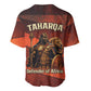 Taharqa Baseball Jersey with Warrior Portrait, Lion of Kush Title and Bold Red Defender of Africa - African Pride