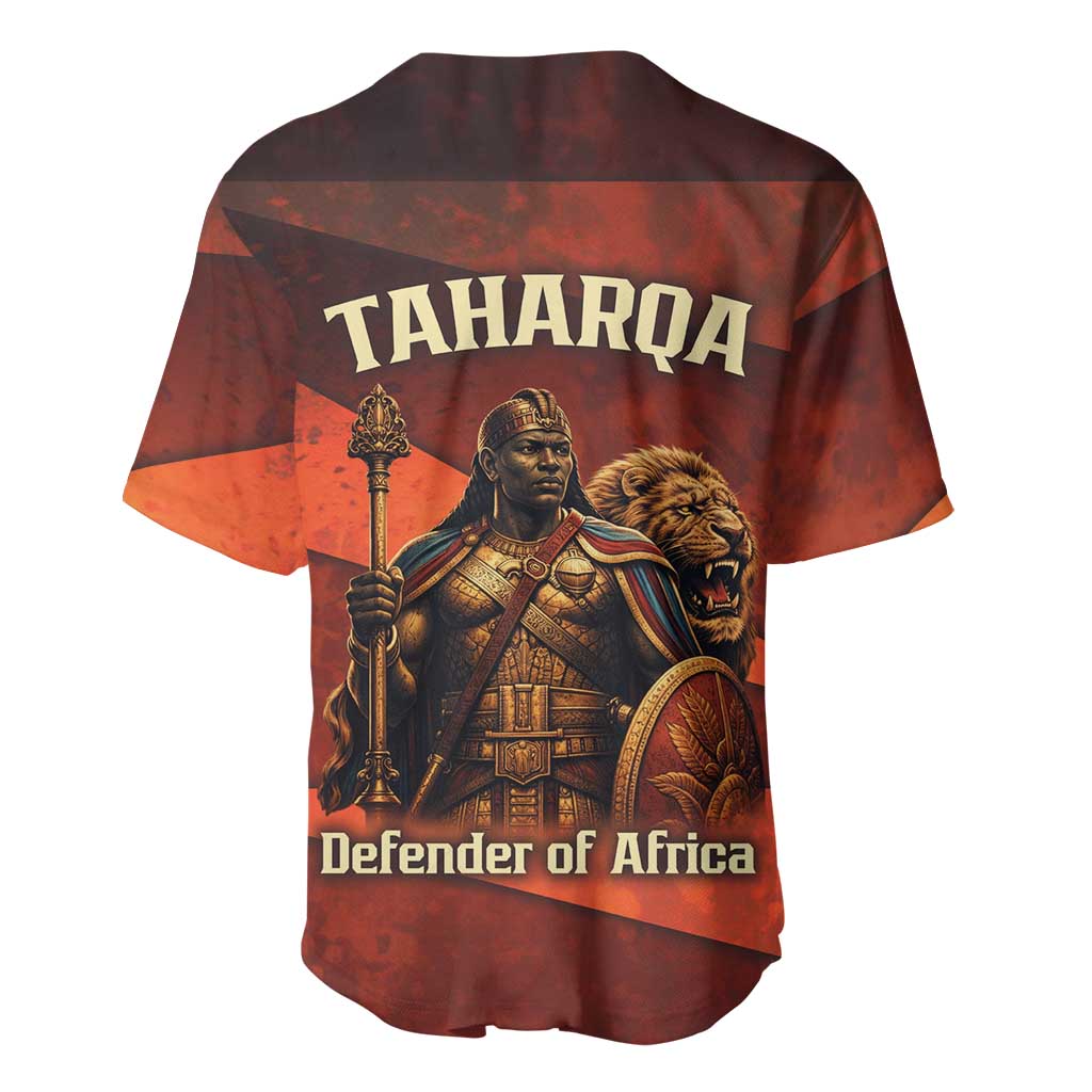 Taharqa Baseball Jersey with Warrior Portrait, Lion of Kush Title and Bold Red Defender of Africa - African Pride