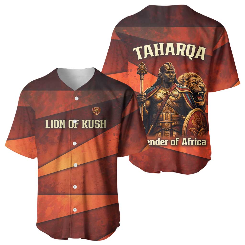 Taharqa Baseball Jersey with Warrior Portrait, Lion of Kush Title and Bold Red Defender of Africa - African Pride