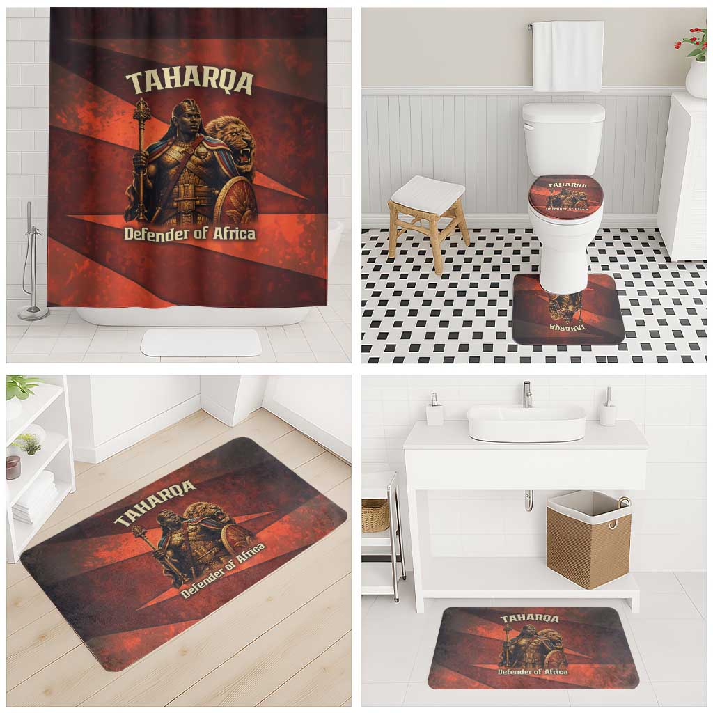 Taharqa Bathroom Set with Warrior Portrait, Lion of Kush Title and Bold Red Defender of Africa - African Pride