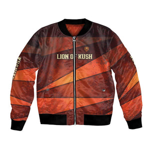 Taharqa Bomber Jacket with Warrior Portrait, Lion of Kush Title and Bold Red Defender of Africa - African Pride