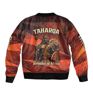 Taharqa Bomber Jacket with Warrior Portrait, Lion of Kush Title and Bold Red Defender of Africa - African Pride