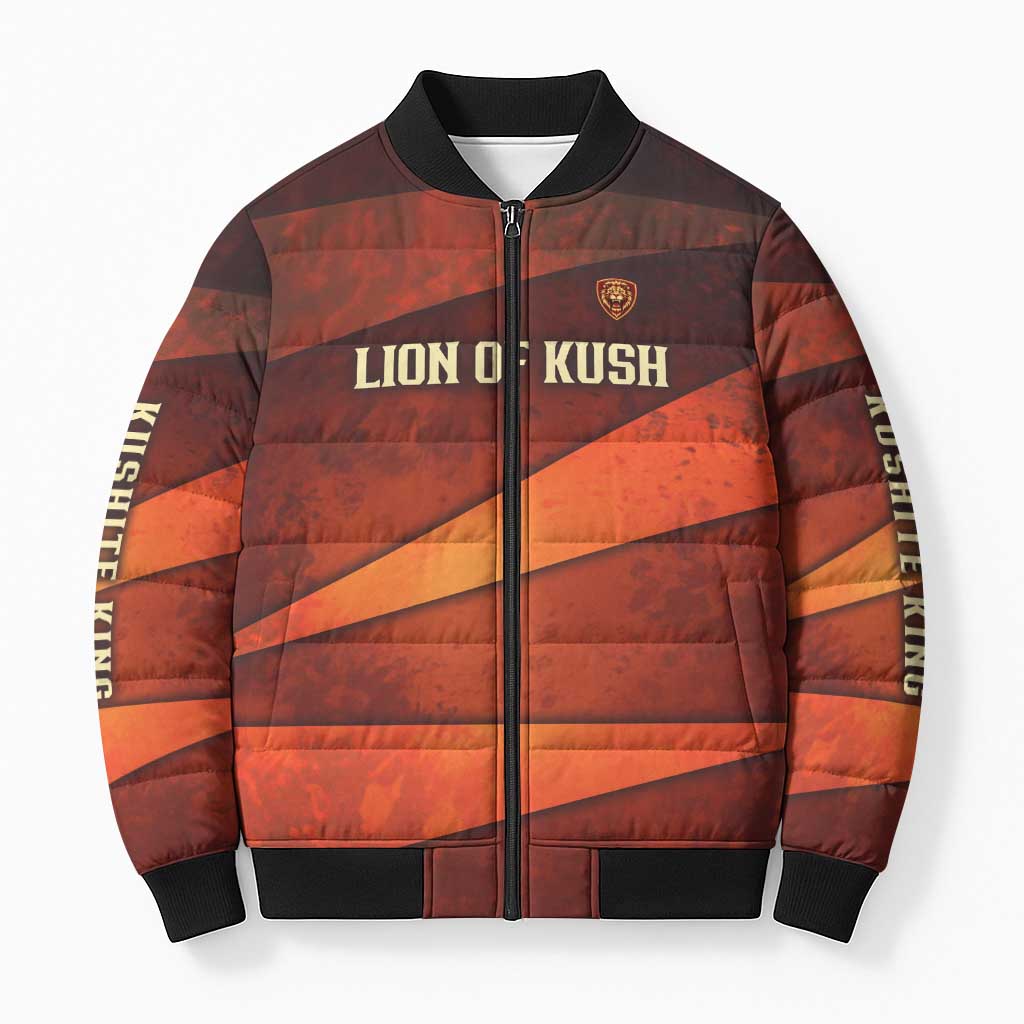 Taharqa Bomber Puffer Jacket with Warrior Portrait, Lion of Kush Title and Bold Red Defender of Africa - African Pride