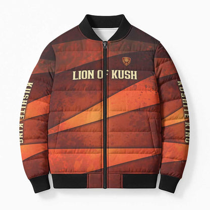 Taharqa Bomber Puffer Jacket with Warrior Portrait, Lion of Kush Title and Bold Red Defender of Africa - African Pride