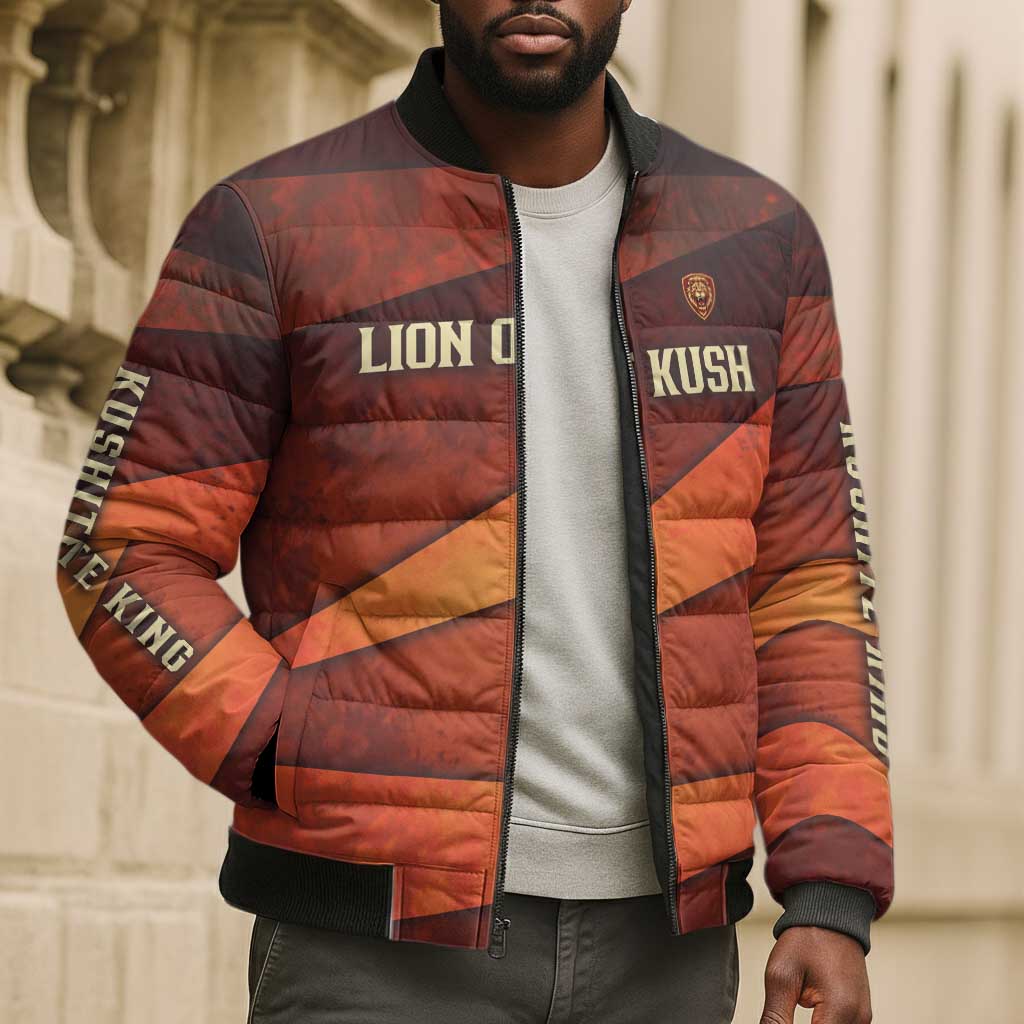 Taharqa Bomber Puffer Jacket with Warrior Portrait, Lion of Kush Title and Bold Red Defender of Africa - African Pride