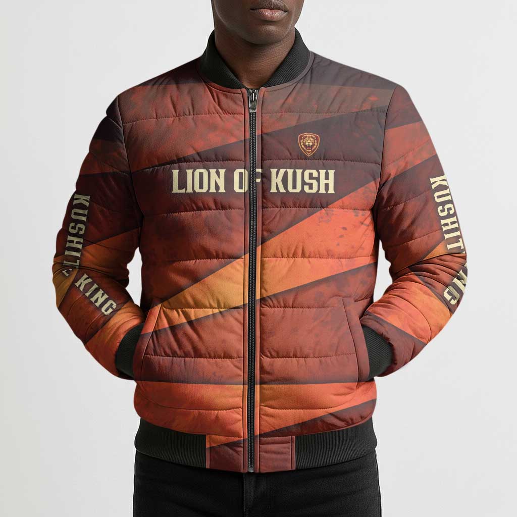Taharqa Bomber Puffer Jacket with Warrior Portrait, Lion of Kush Title and Bold Red Defender of Africa - African Pride
