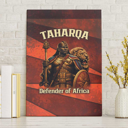 Taharqa Canvas Wall Art with Warrior Portrait, Lion of Kush Title and Bold Red Defender of Africa - African Pride