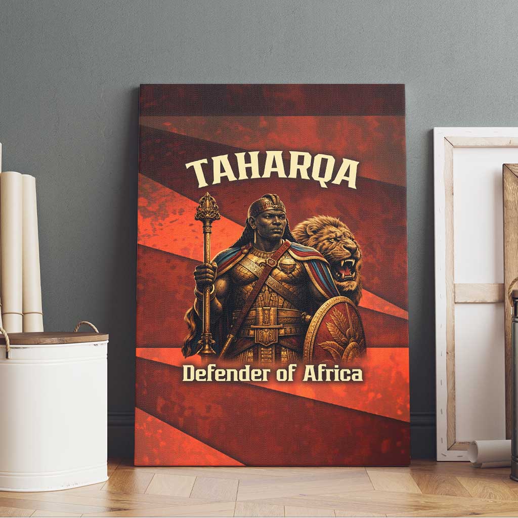 Taharqa Canvas Wall Art with Warrior Portrait, Lion of Kush Title and Bold Red Defender of Africa - African Pride