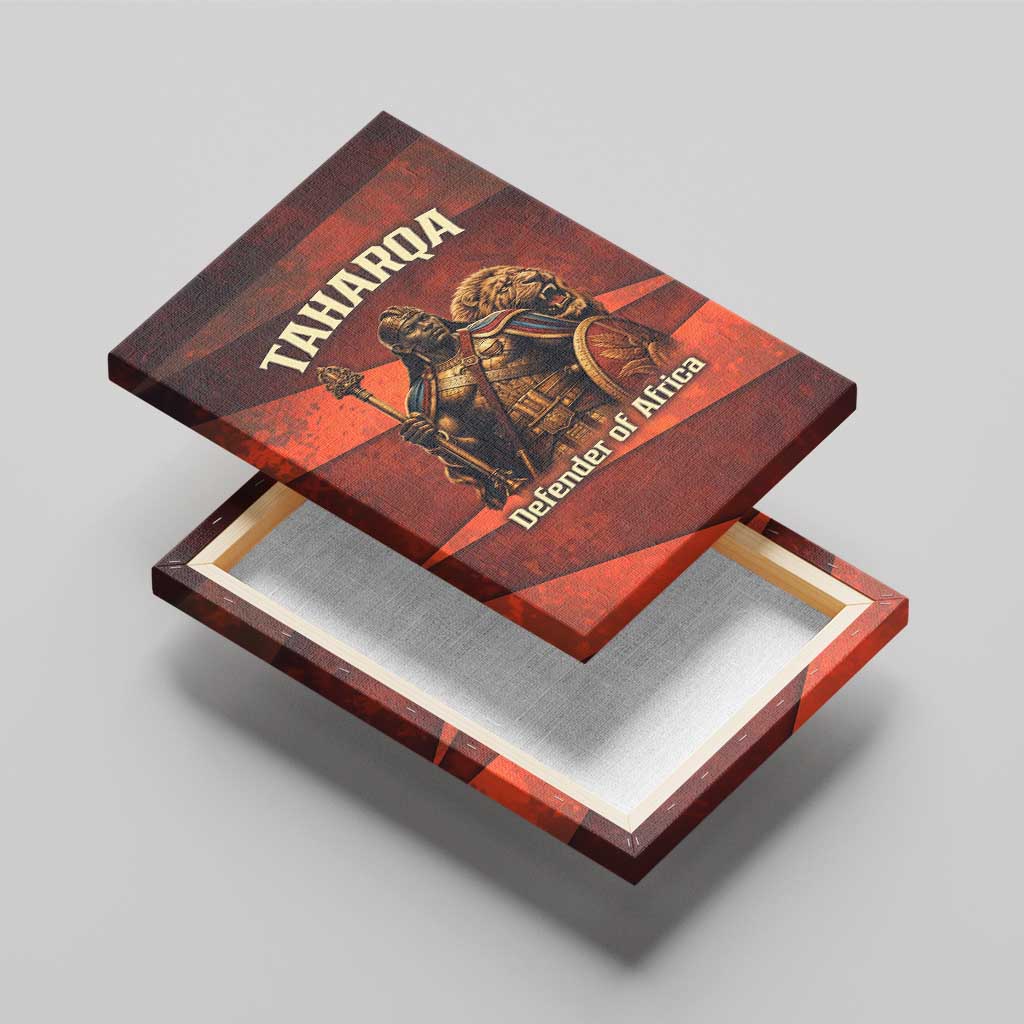 Taharqa Canvas Wall Art with Warrior Portrait, Lion of Kush Title and Bold Red Defender of Africa - African Pride