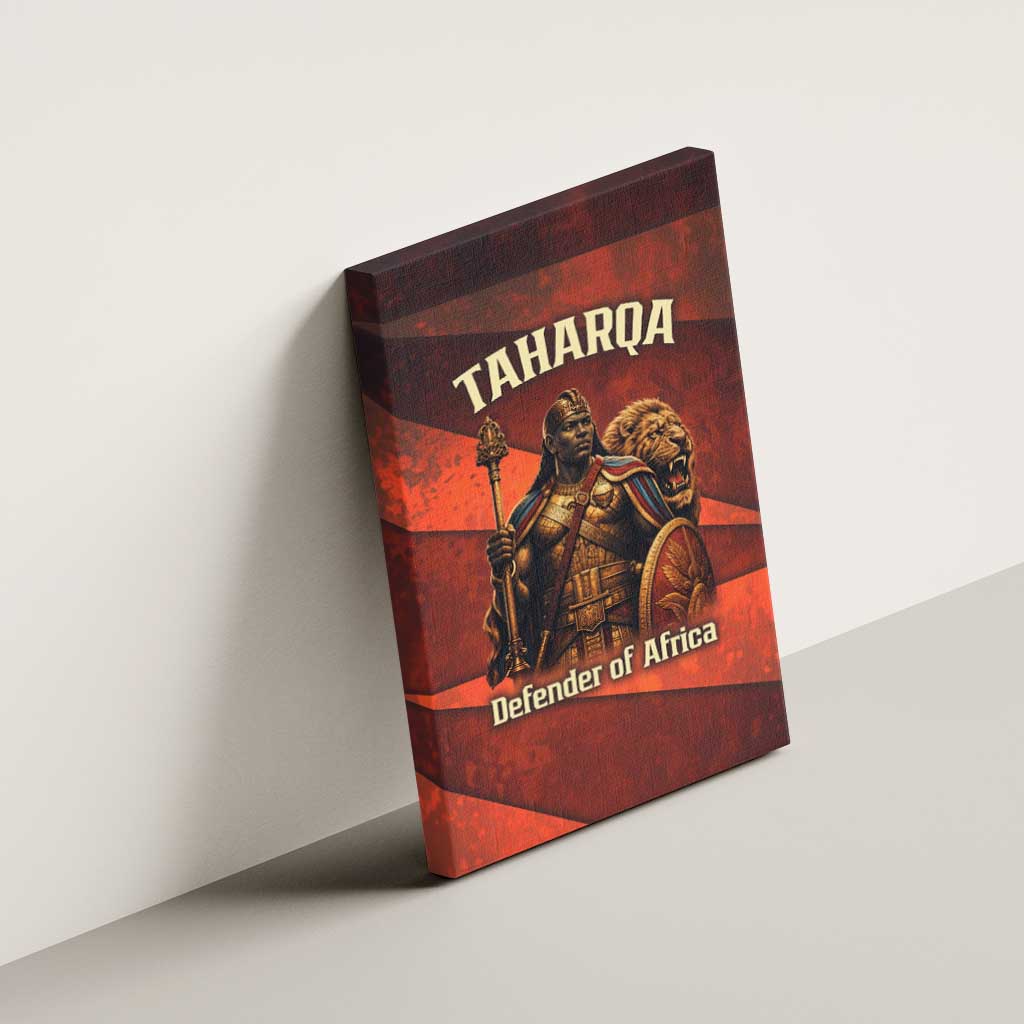 Taharqa Canvas Wall Art with Warrior Portrait, Lion of Kush Title and Bold Red Defender of Africa - African Pride