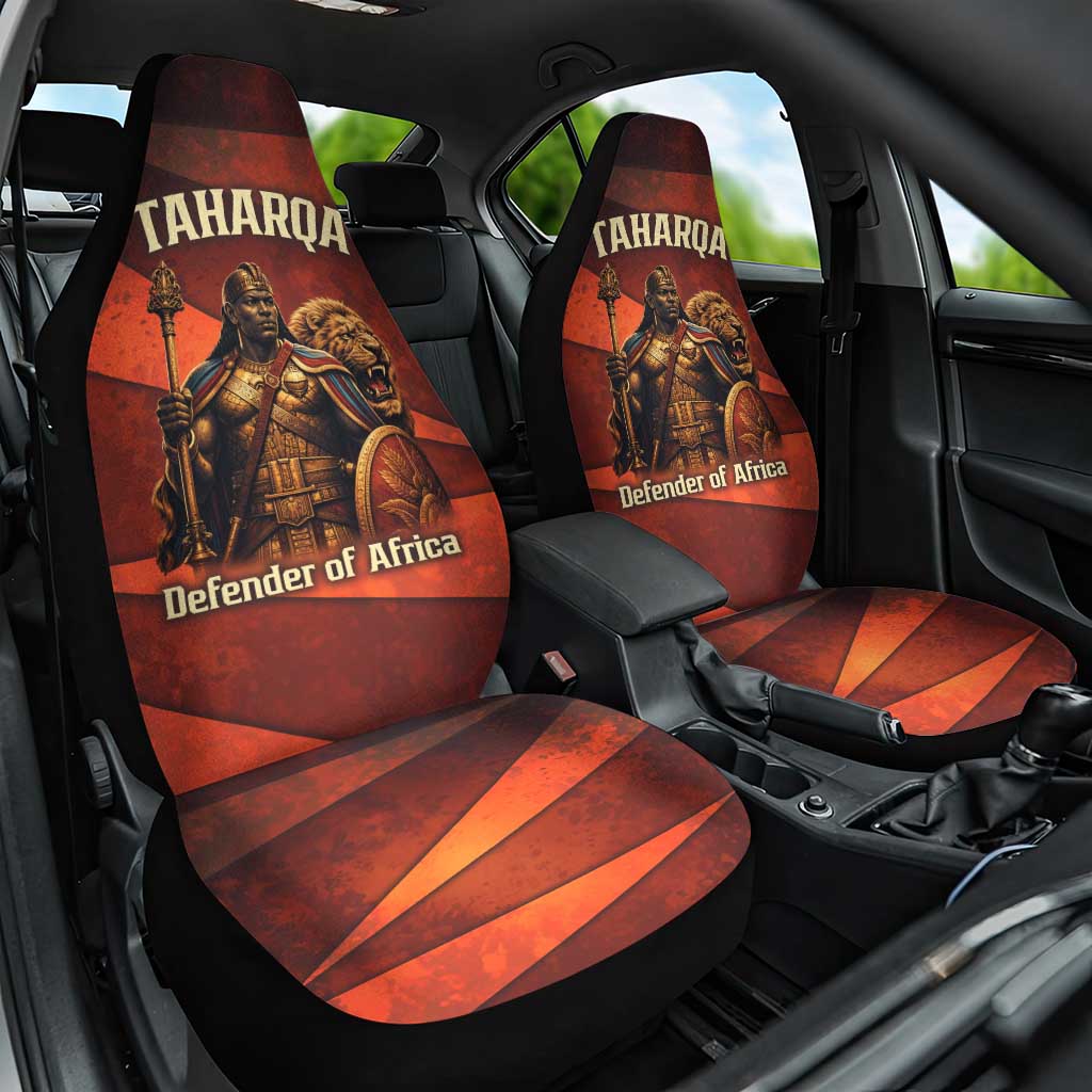 Taharqa Car Seat Cover with Warrior Portrait, Lion of Kush Title and Bold Red Defender of Africa - African Pride