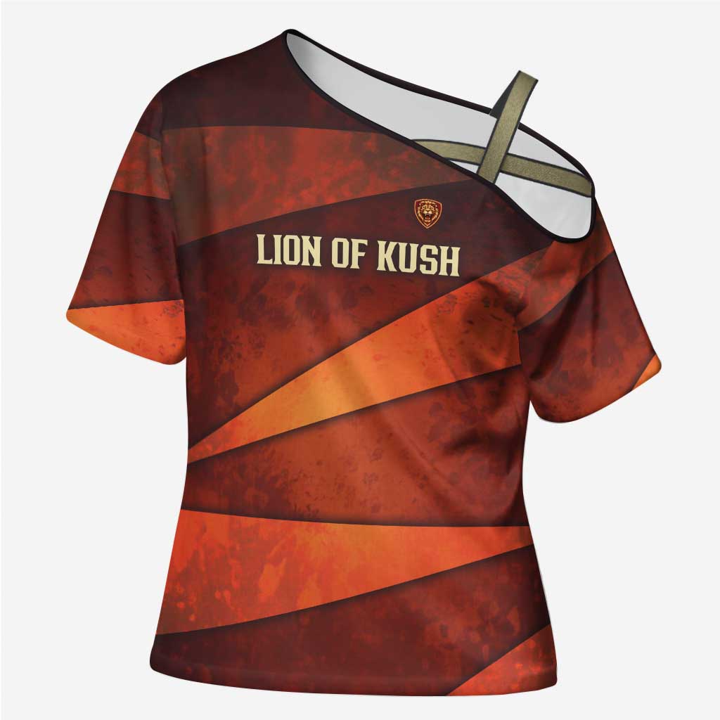 Taharqa Cross Shoulder Shirt with Warrior Portrait, Lion of Kush Title and Bold Red Defender of Africa - African Pride