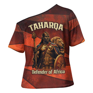 Taharqa Cross Shoulder Shirt with Warrior Portrait, Lion of Kush Title and Bold Red Defender of Africa - African Pride