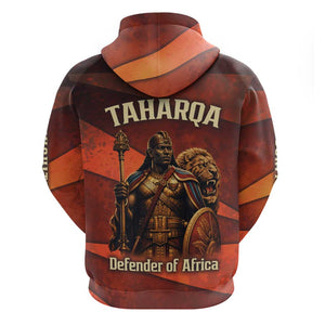 Taharqa Hoodie with Warrior Portrait, Lion of Kush Title and Bold Red Defender of Africa - African Pride