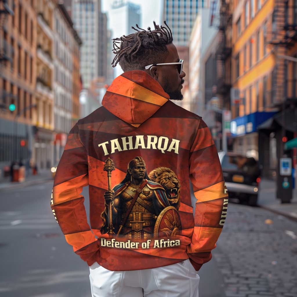 Taharqa Hoodie with Warrior Portrait, Lion of Kush Title and Bold Red Defender of Africa - African Pride