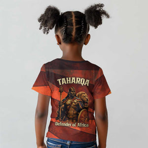 Taharqa Kid T shirt with Warrior Portrait, Lion of Kush Title and Bold Red Defender of Africa - African Pride