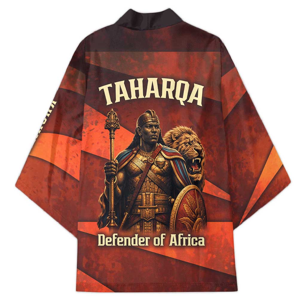 Taharqa Kimono with Warrior Portrait, Lion of Kush Title and Bold Red Defender of Africa - African Pride