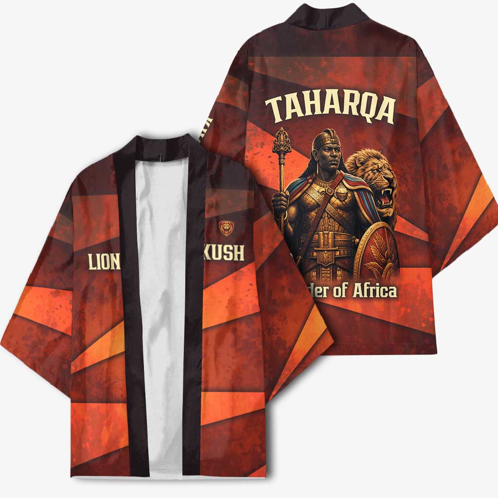 Taharqa Kimono with Warrior Portrait, Lion of Kush Title and Bold Red Defender of Africa - African Pride