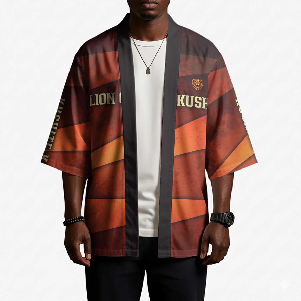 Taharqa Kimono with Warrior Portrait, Lion of Kush Title and Bold Red Defender of Africa - African Pride