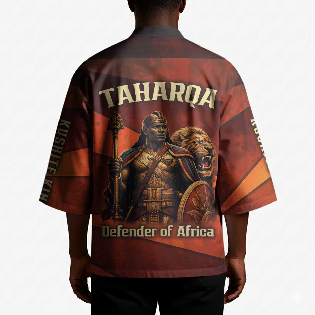 Taharqa Kimono with Warrior Portrait, Lion of Kush Title and Bold Red Defender of Africa - African Pride