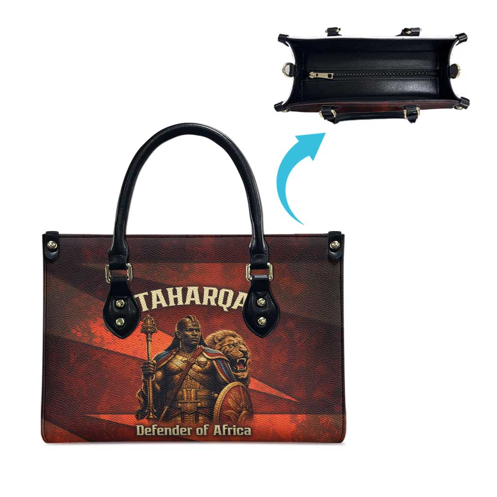 Taharqa Leather Bag with Warrior Portrait, Lion of Kush Title and Bold Red Defender of Africa - African Pride