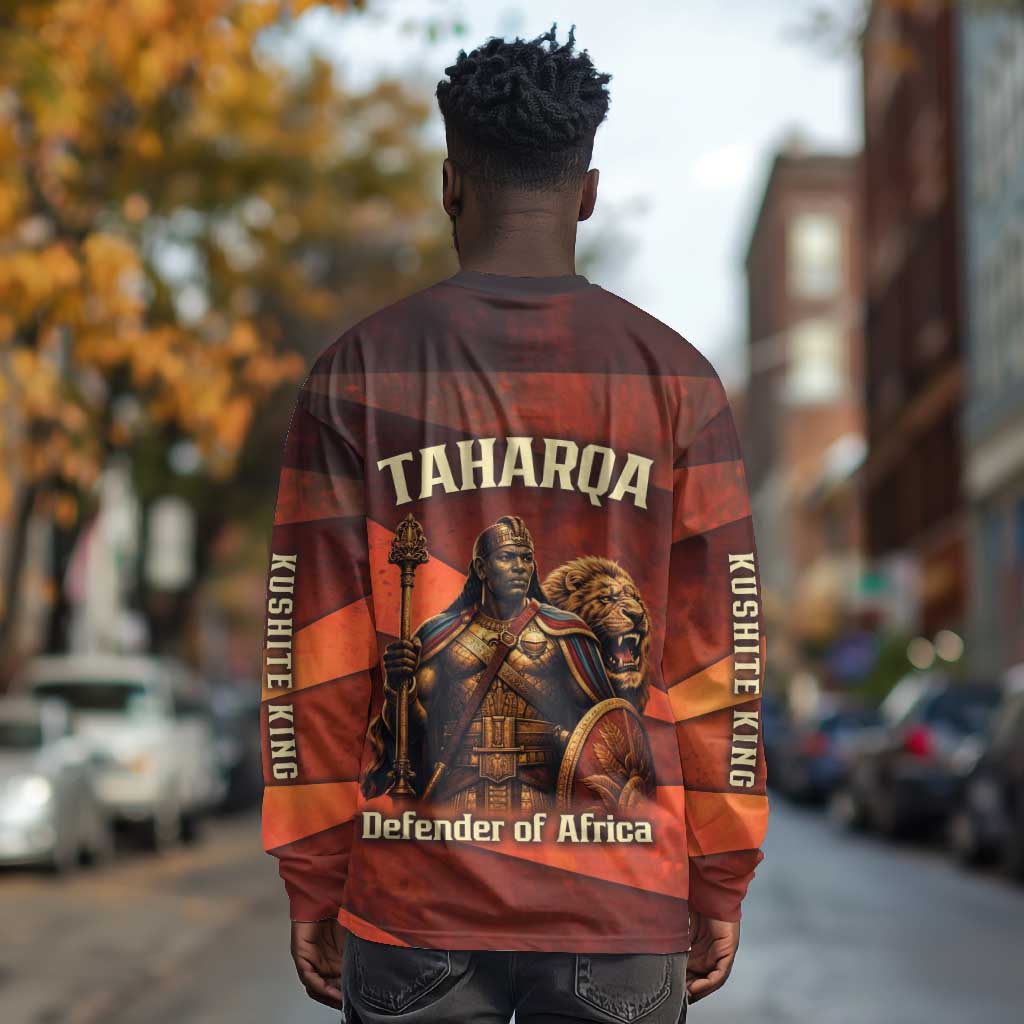 Taharqa Long Sleeve Shirt with Warrior Portrait, Lion of Kush Title and Bold Red Defender of Africa - African Pride