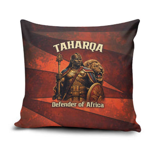 Taharqa Pillow Cover with Warrior Portrait, Lion of Kush Title and Bold Red Defender of Africa - African Pride