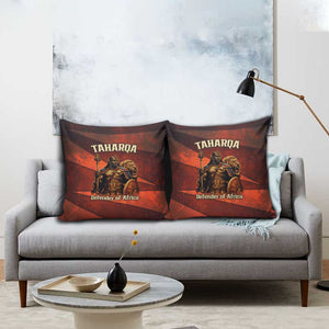 Taharqa Pillow Cover with Warrior Portrait, Lion of Kush Title and Bold Red Defender of Africa - African Pride