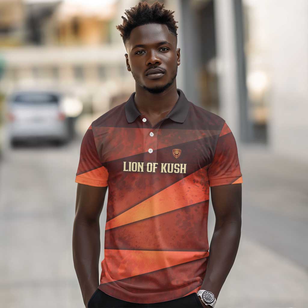 Taharqa Polo Shirt with Warrior Portrait, Lion of Kush Title and Bold Red Defender of Africa - African Pride