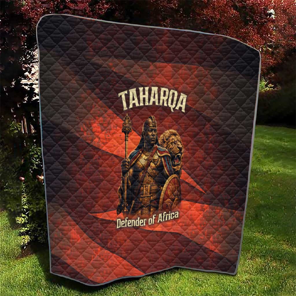 Taharqa Quilt with Warrior Portrait, Lion of Kush Title and Bold Red Defender of Africa - African Pride