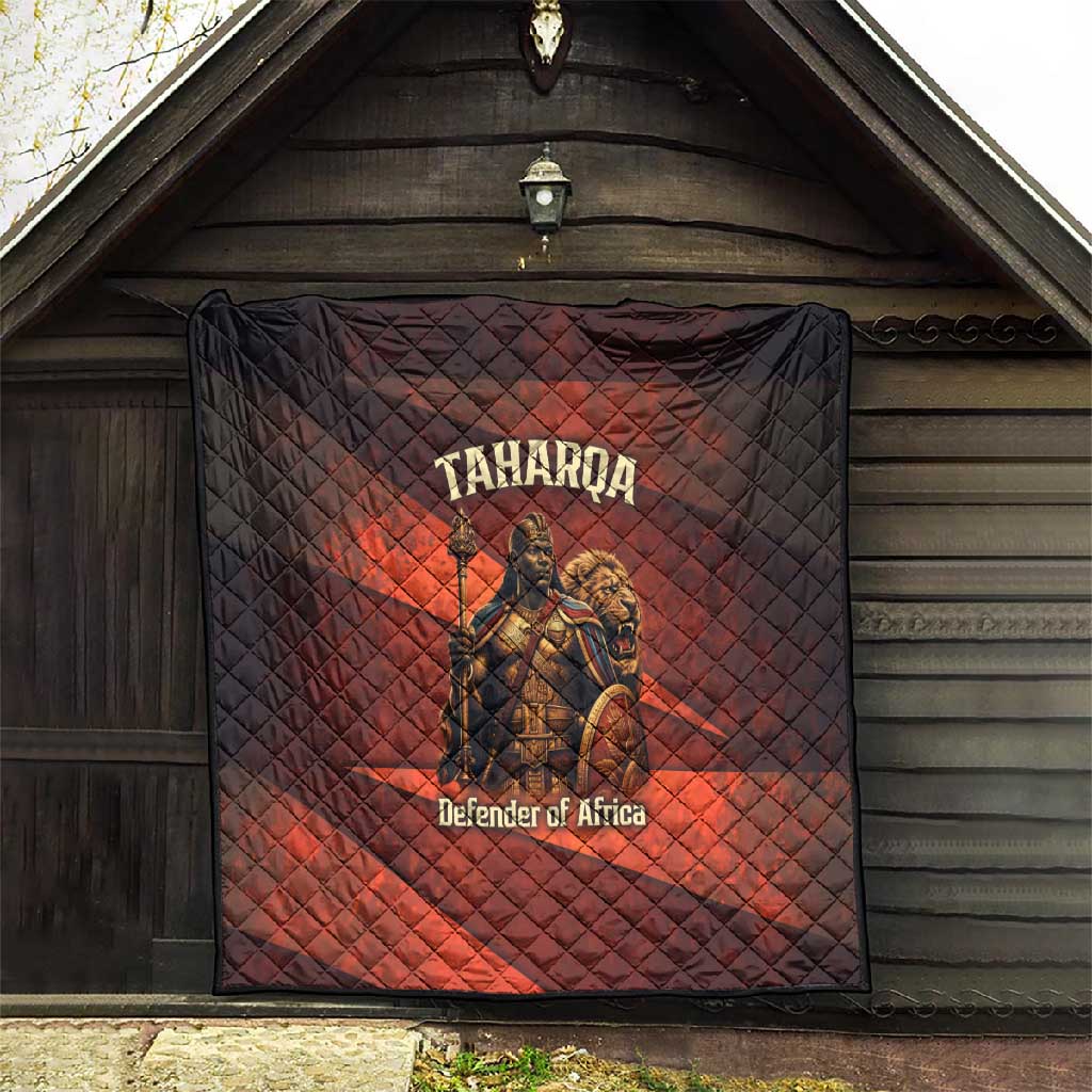 Taharqa Quilt with Warrior Portrait, Lion of Kush Title and Bold Red Defender of Africa - African Pride