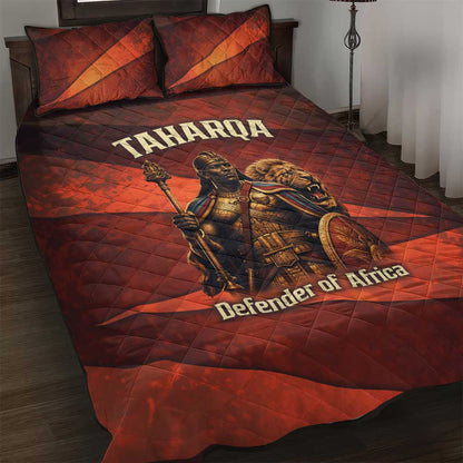 Taharqa Quilt Bed Set with Warrior Portrait, Lion of Kush Title and Bold Red Defender of Africa - African Pride