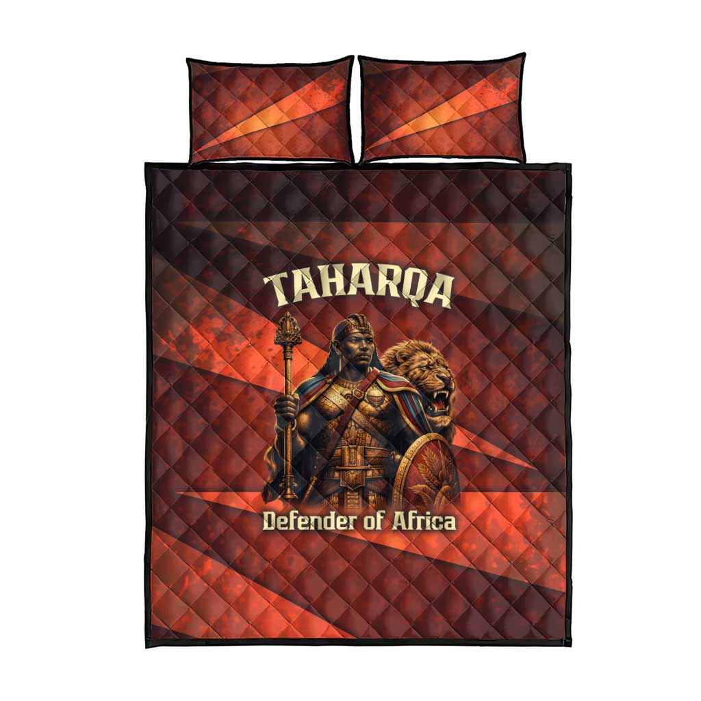 Taharqa Quilt Bed Set with Warrior Portrait, Lion of Kush Title and Bold Red Defender of Africa - African Pride