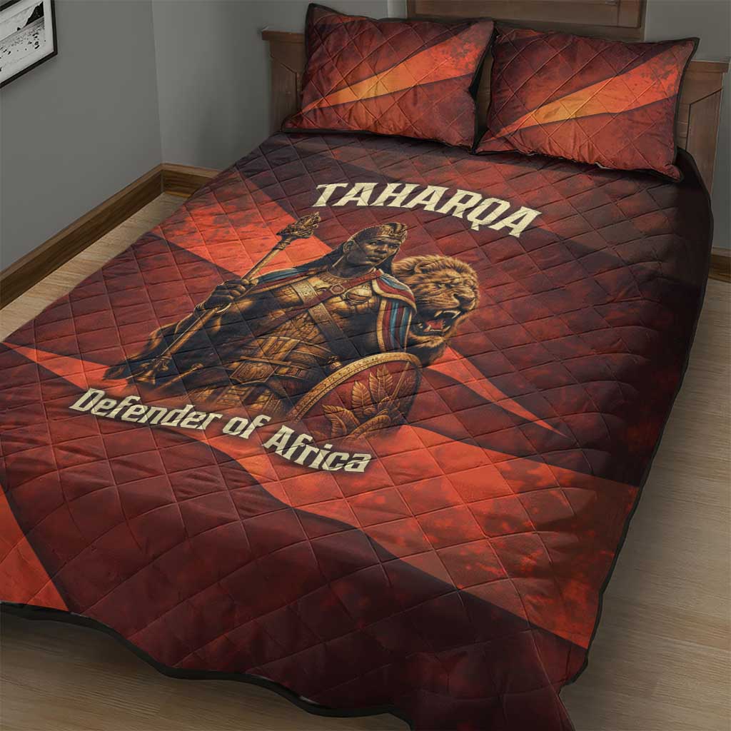 Taharqa Quilt Bed Set with Warrior Portrait, Lion of Kush Title and Bold Red Defender of Africa - African Pride