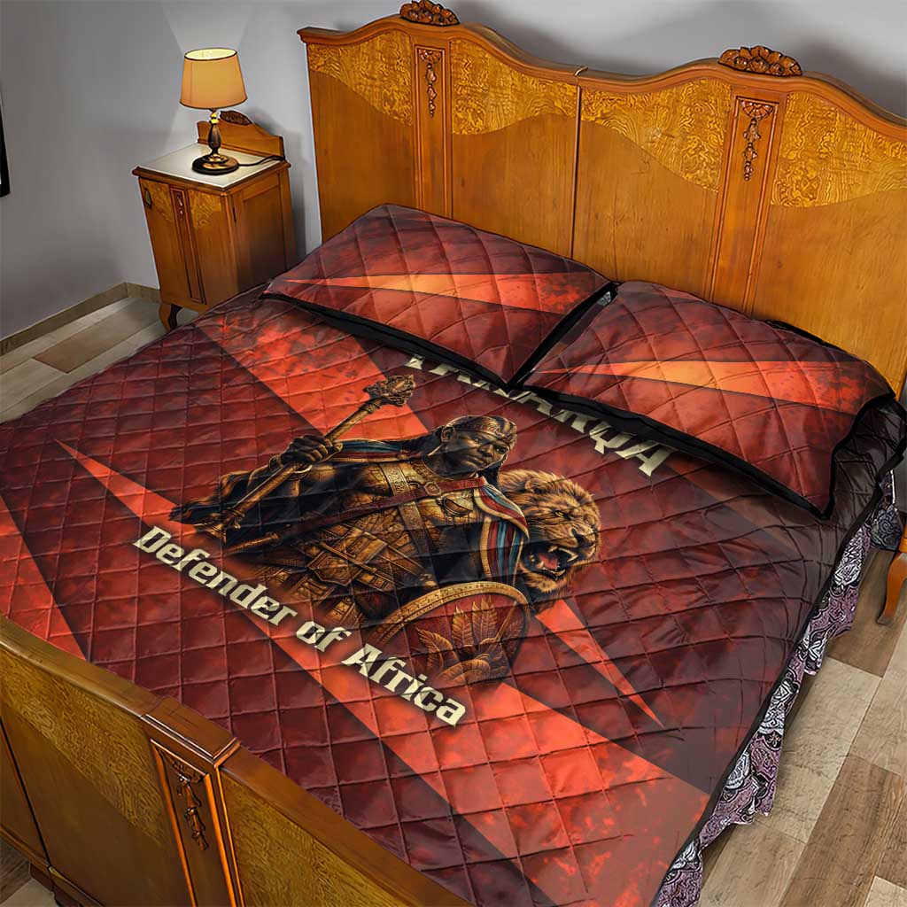 Taharqa Quilt Bed Set with Warrior Portrait, Lion of Kush Title and Bold Red Defender of Africa - African Pride