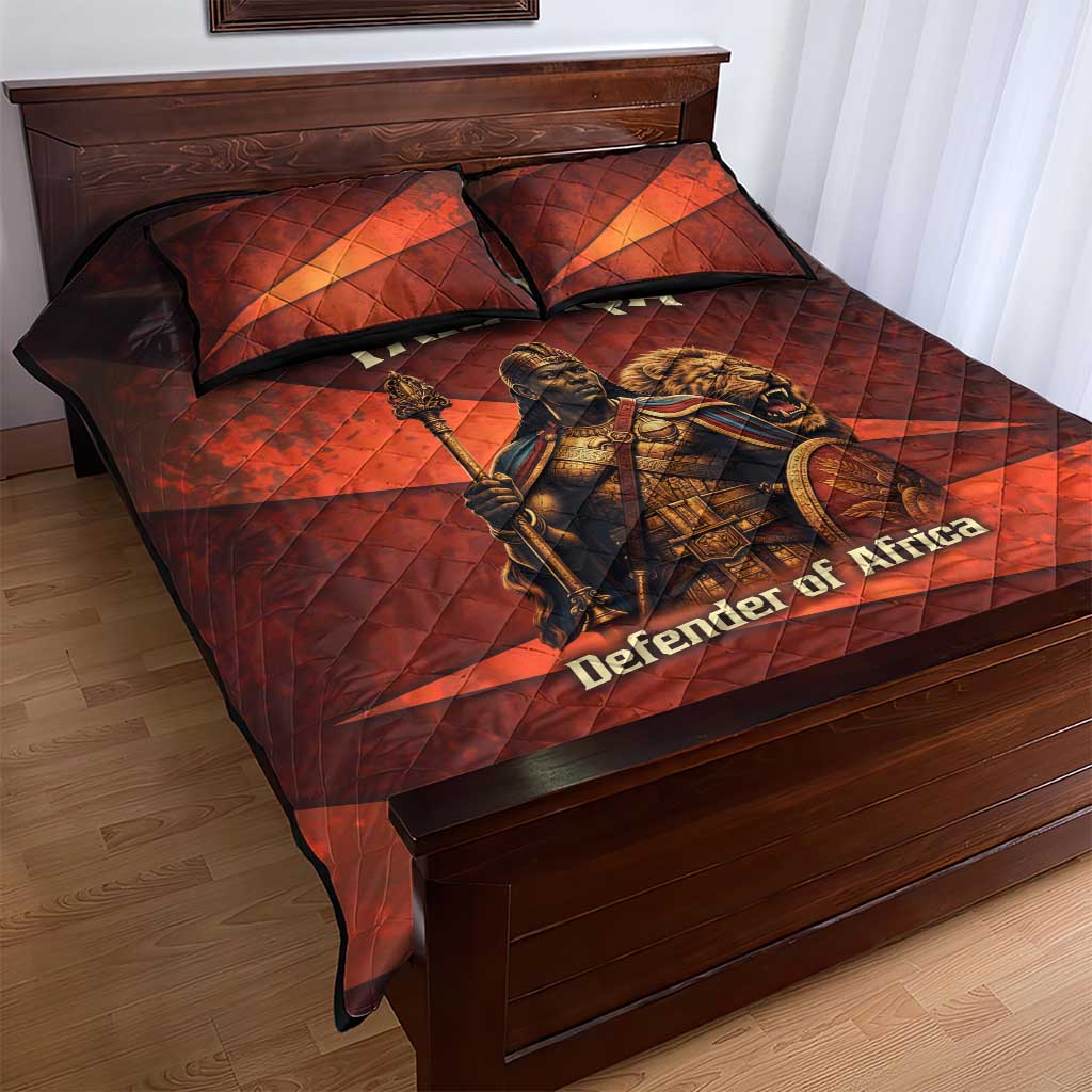 Taharqa Quilt Bed Set with Warrior Portrait, Lion of Kush Title and Bold Red Defender of Africa - African Pride