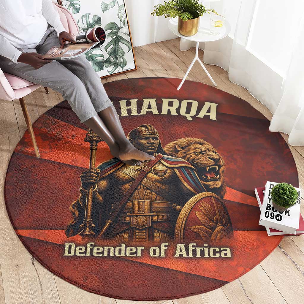 Taharqa Round Carpet with Warrior Portrait, Lion of Kush Title and Bold Red Defender of Africa - African Pride