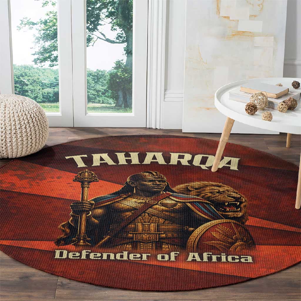 Taharqa Round Carpet with Warrior Portrait, Lion of Kush Title and Bold Red Defender of Africa - African Pride