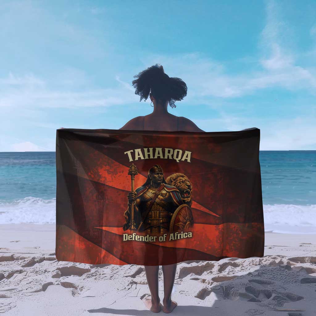 Taharqa Sarong with Warrior Portrait, Lion of Kush Title and Bold Red Defender of Africa - African Pride