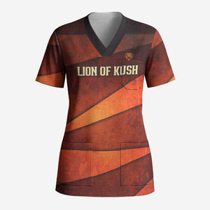 Taharqa Scrub Top with Warrior Portrait, Lion of Kush Title and Bold Red Defender of Africa - African Pride