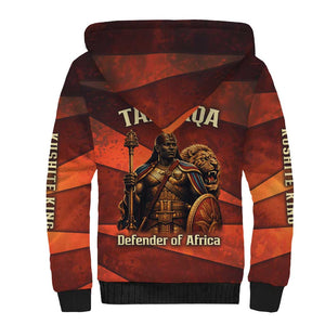 Taharqa Sherpa Hoodie with Warrior Portrait, Lion of Kush Title and Bold Red Defender of Africa - African Pride